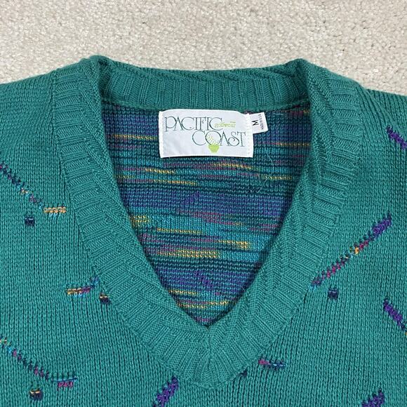 Vintage Golf Knit Sweater Mens M Pacific Coast Green Cotton Abstract 90s Preppy - Picture 2 of 7
